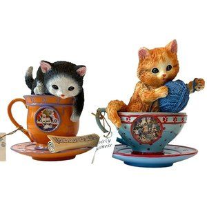 2 Jürgen Scholz Cozy Kitten Teacups Making Music & Frisky Business Cat Figurines